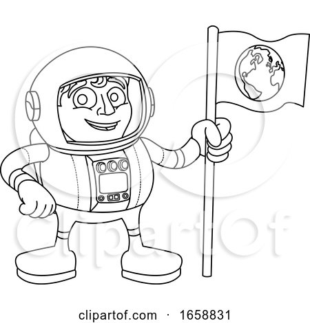 Space Man Cartoon Astronaut Holding Flag by AtStockIllustration