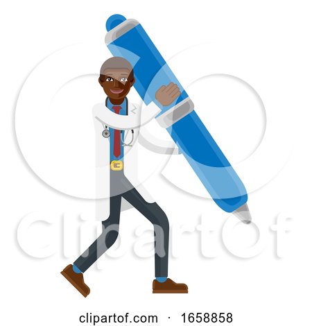 Black Doctor Man Holding Pen Mascot Concept by AtStockIllustration