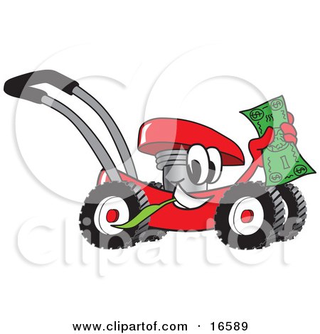 Clipart Picture of a Red Lawn Mower Mascot Cartoon Character Passing by and Carrying a Dollar Bill by Toons4Biz