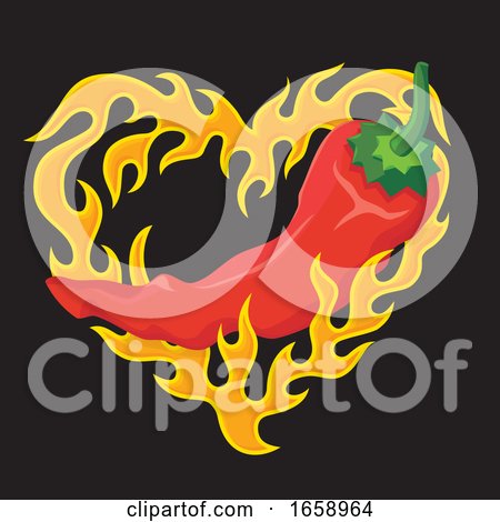 Red Hot Chili Pepper in a Flaming Heart over Black by Any Vector