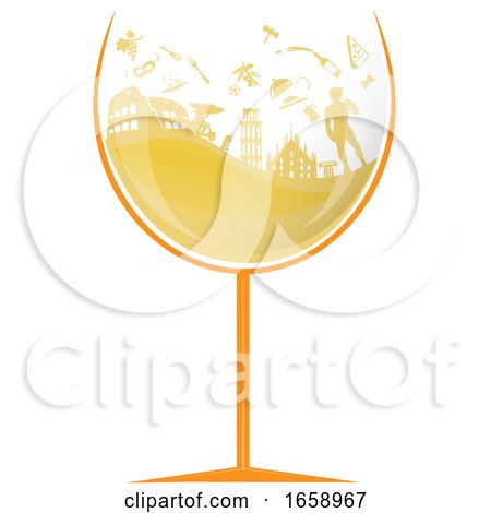 Glass of White Wine with Silhouetted Italian Travel Icons by Domenico Condello
