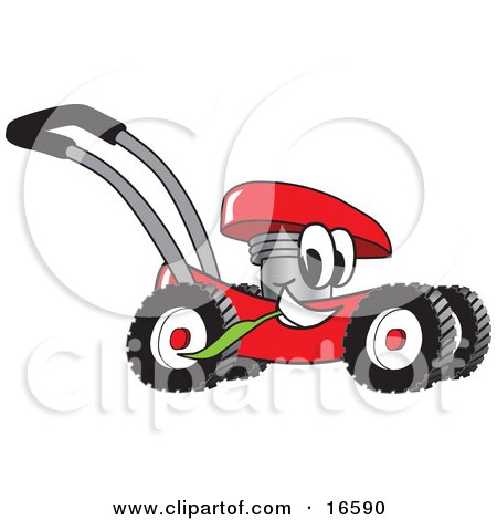 Clipart Picture of a Red Lawn Mower Mascot Cartoon Character Passing by and Chewing on a Blade of Grass by Toons4Biz