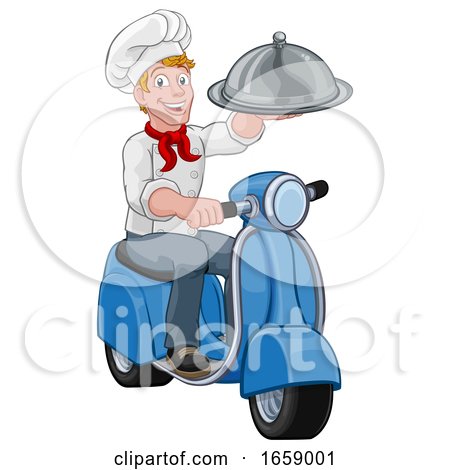 Delivery Chef Scooter Moped Cartoon Takeout Man by AtStockIllustration