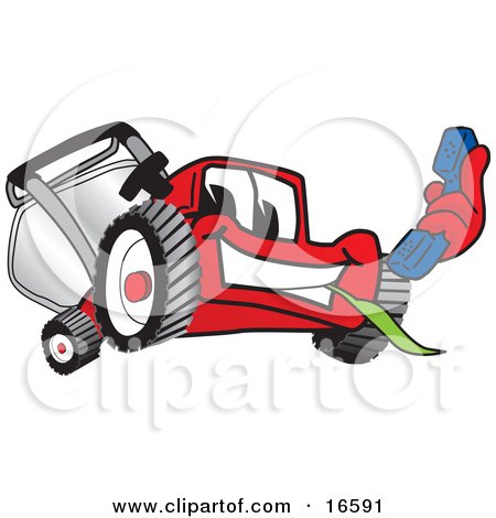 Clipart Picture of a Red Lawn Mower Mascot Cartoon Character Holding Out a Blue Telephone by Mascot Junction