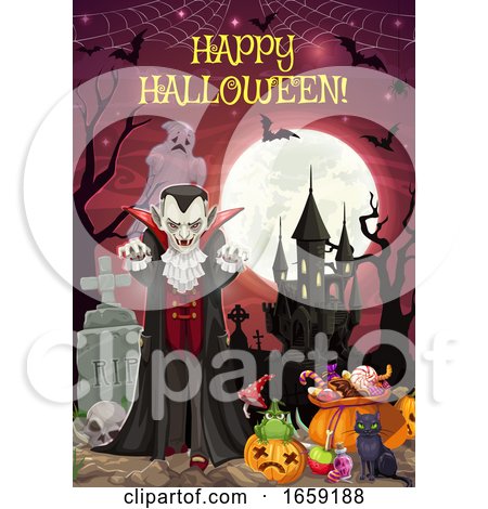 Halloween on Graveyard, Dracula and Castle, Treats by Vector Tradition SM