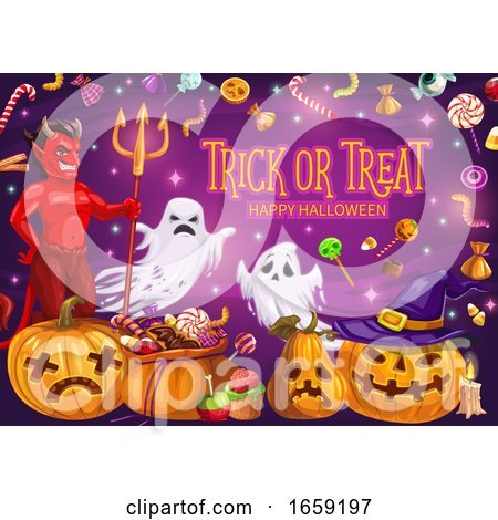 Halloween Pumpkins with Candies, Ghosts and Devil by Vector Tradition SM