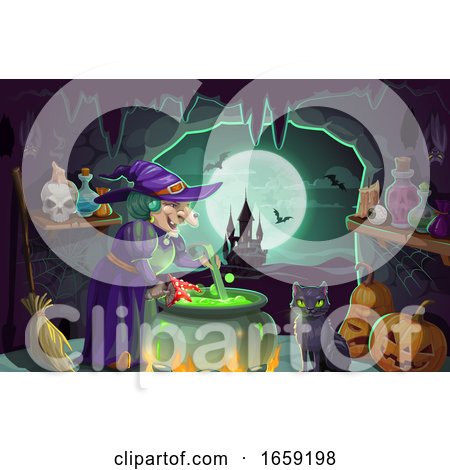 Halloween Witch with Potion and Cauldron by Vector Tradition SM