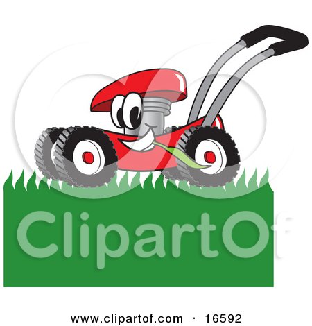Clipart Picture of a Red Lawn Mower Mascot Cartoon Character Mowing Grass by Toons4Biz