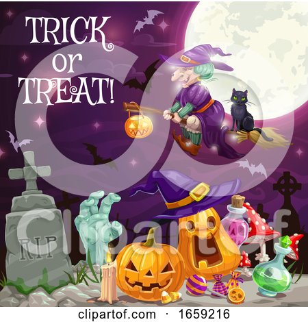 Witch, Halloween Pumpkins, Zombie at Cemetery by Vector Tradition SM