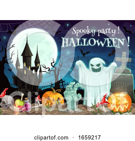 Spooky Halloween Party on Graveyard Moon and Ghost by Vector Tradition SM