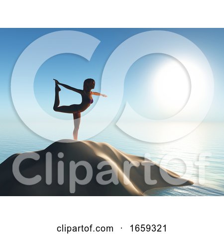 3D Female in a Yoga Pose on a Sand Dune in the Ocean by KJ Pargeter