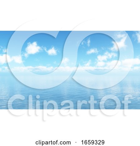 3D Blue Ocean Landscape with Fluffy White Clouds by KJ Pargeter