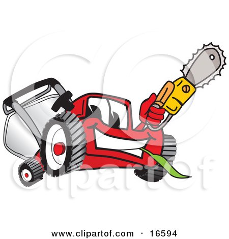 Clipart Picture of a Red Lawn Mower Mascot Cartoon Character Waving a Saw by Mascot Junction