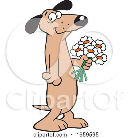 Cartoon Dachshund Dog Holding Flowers by Johnny Sajem