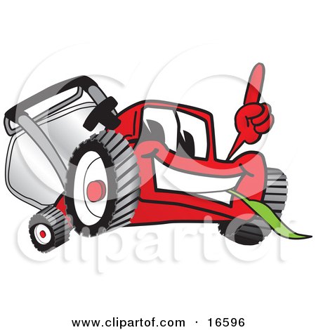 Clipart Picture of a Red Lawn Mower Mascot Cartoon Character Pointing Upwards by Mascot Junction