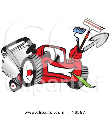 Clipart Picture of a Red Lawn Mower Mascot Cartoon Character Carrying a Hoe, Rake and Shovel While Gardening by Mascot Junction