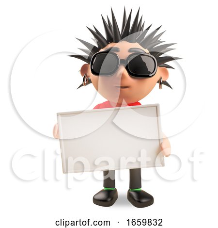 Cool 3d Punk Rocker with Spikey Hair Holding a Blank Sign by Steve Young