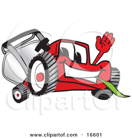 Clipart Picture of a Red Lawn Mower Mascot Cartoon Character Waving Hello and Eating Grass by Toons4Biz