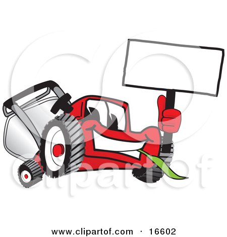 Clipart Picture of a Red Lawn Mower Mascot Cartoon Character Waving a Blank White Sign by Toons4Biz
