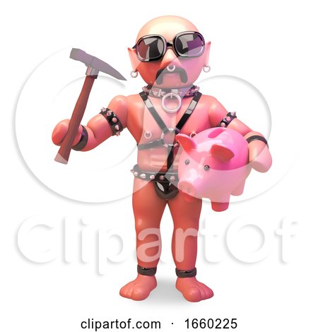 Financially Challenged Gay Leather Fetish Man Smashing Piggy Bank with Hammer by Steve Young