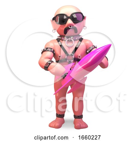 Cool Gay Bald Man in Fetish Leather Outfit Holding a Pink Rocket by Steve Young
