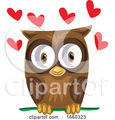 Brown Owl in a Green Branch with Red Hearts by Morphart Creations