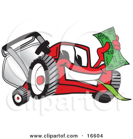 Clipart Picture of a Red Lawn Mower Mascot Cartoon Character Waving Cash by Toons4Biz