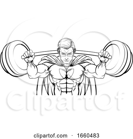 Superhero Mascot Weightlifter Lifting Big Barbell by AtStockIllustration