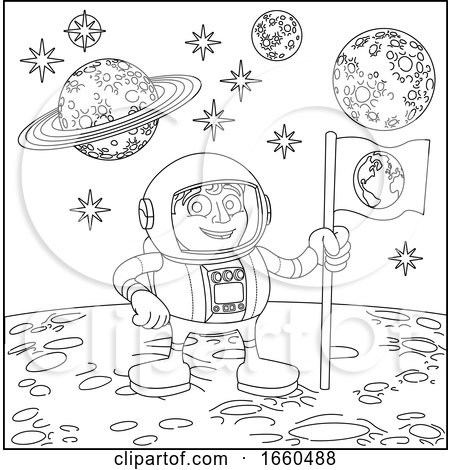 Space Cartoon Scene Astronaut on Moon by AtStockIllustration