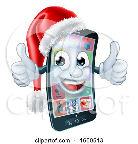 Christmas Cell Mobile Phone Cartoon in Santa Hat by AtStockIllustration