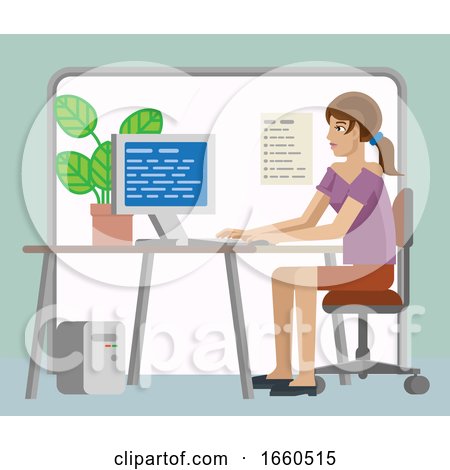 Woman Working at Desk in Office Cartoon by AtStockIllustration