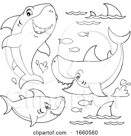 Cartoon Black and White Sharks and Fish by visekart