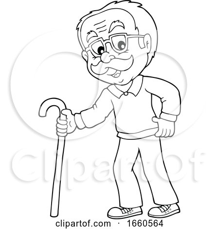 Cartoon Black and White Senior Man with a Cane by visekart