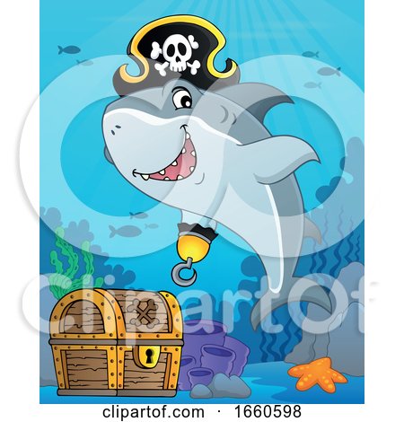 Cartoon Pirate Shark over Sunken Treasure by visekart
