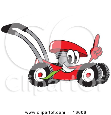 Clipart Picture of a Red Lawn Mower Mascot Cartoon Character Passing by and Pointing Up by Toons4Biz