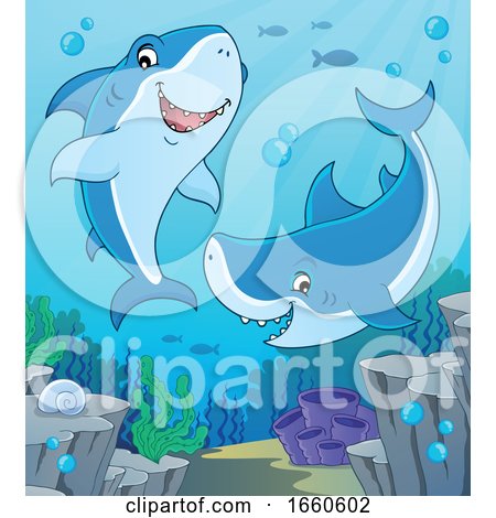 Cartoon Sharks Underwater by visekart