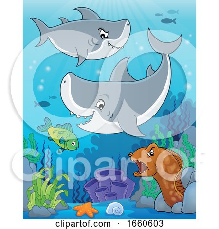 Cartoon Sharks Eel and Fish Underwater by visekart