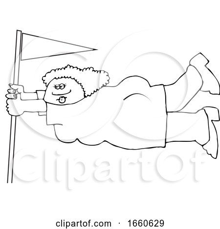 Cartoon Black and White Lady Holding onto a Flag Pole in Extreme Wind by djart