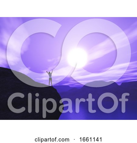 3D Female Stood on Cliff with Arms Raised in Joy Against Sunset Landscape by KJ Pargeter