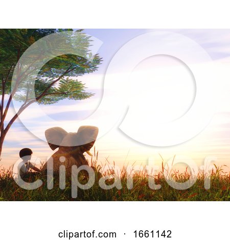 3D Landscape with Boy and Baby Elephant Sat Under a Tree by KJ Pargeter