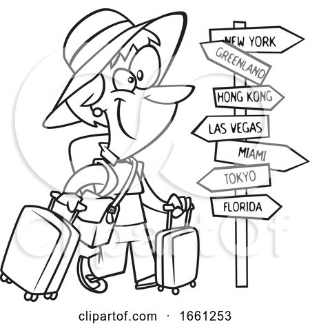 Cartoon Outline Lady World Traveler by toonaday
