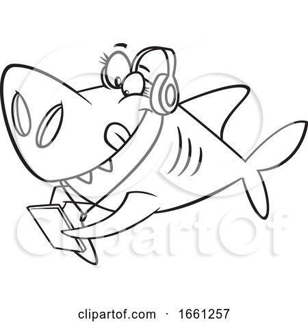 Cartoon Outline Sister Shark Wearing Headphones by toonaday