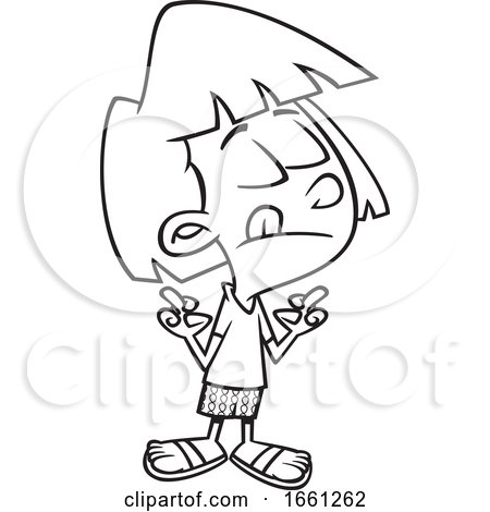 Cartoon Outline Girl with Fingers Crossed by toonaday