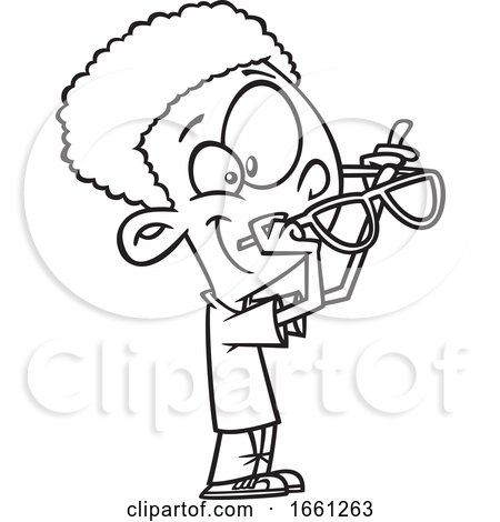 Cartoon Outline Black Boy Putting on Glasses by toonaday