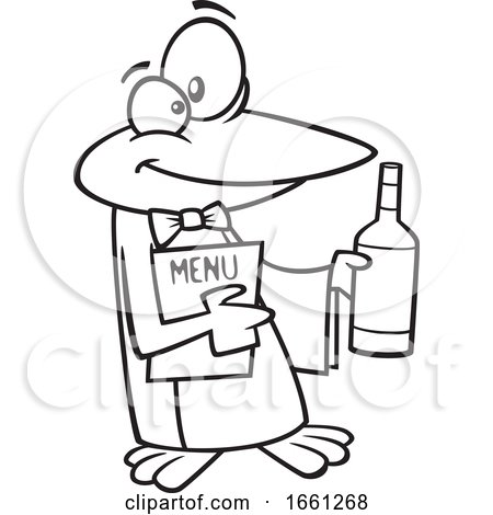 Cartoon Outline Maitre D Penguin Holding Wine and a Menu by toonaday