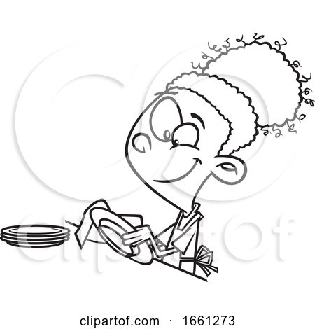 Cartoon Outline Black Girl Drying Dishes by toonaday