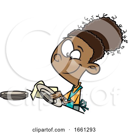 Cartoon Black Girl Drying Dishes by toonaday