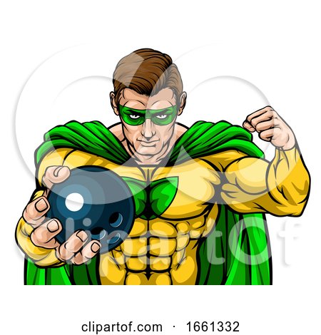 Superhero Holding Bowling Ball Sports Mascot by AtStockIllustration
