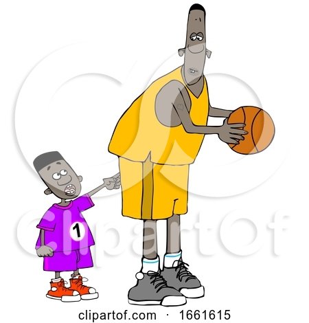 Cartoon Little Boy Poking a Basketball Player by djart