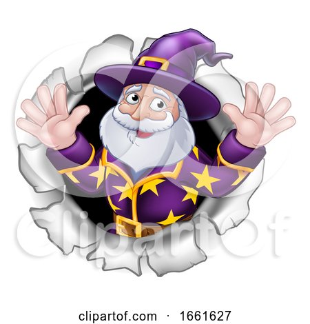 Wizard Mascot Breaking Through Background Cartoon by AtStockIllustration